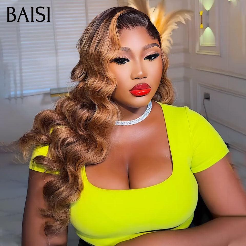 BAISI 13x4 Frontal-Körperwellen-Perücke in Braun #1B4, vorgezupft, kein Kleber erforderlich, aus 100 % Rohhaar, Spitze bereits geschnitten