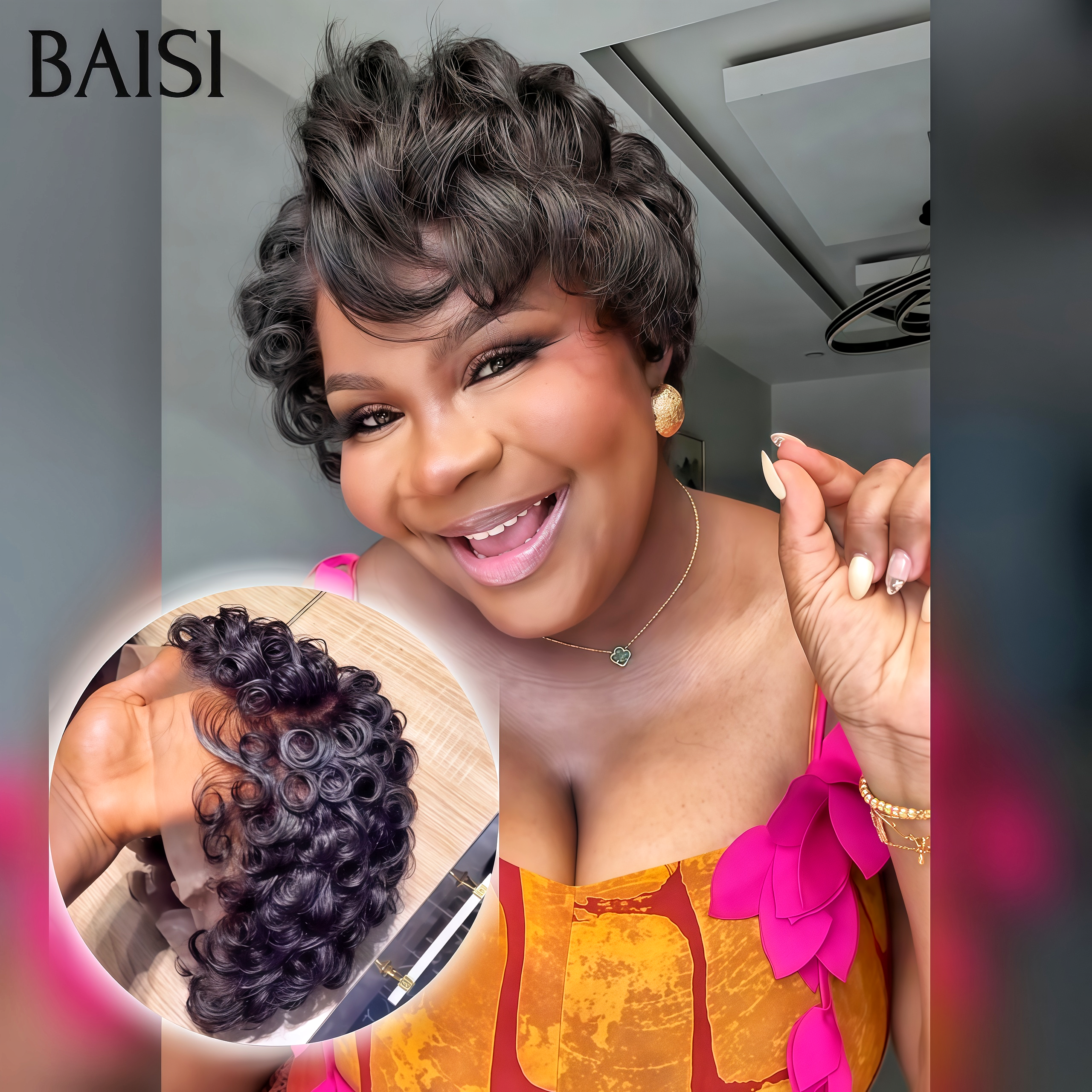 BAISI Perruque Chioma pixie 13x4 lace frontal finger wave NOIR Moitié Prix Livraison Express 48H en 100% cheveux humains