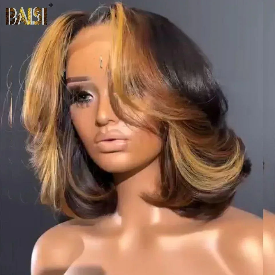 BAISI 5X5 Perruque Bob 12 pouces En Couleur Noir mix Miel 1B#4#27# en 100% Cheveux Humains