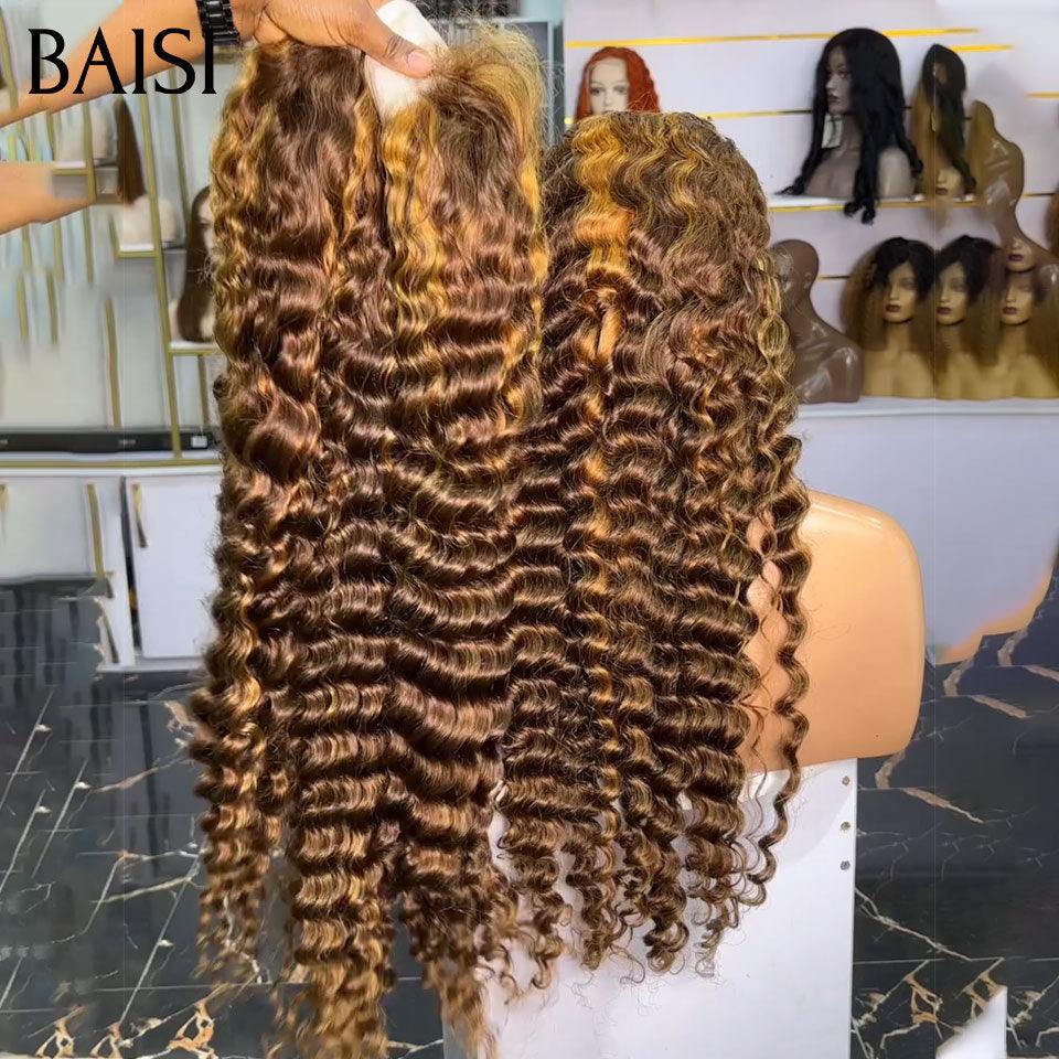 BAISI 13x4 Frontal-Körperwellen-Perücke in Braun #1B4, vorgezupft, kein Kleber erforderlich, aus 100 % Rohhaar, Spitze bereits geschnitten