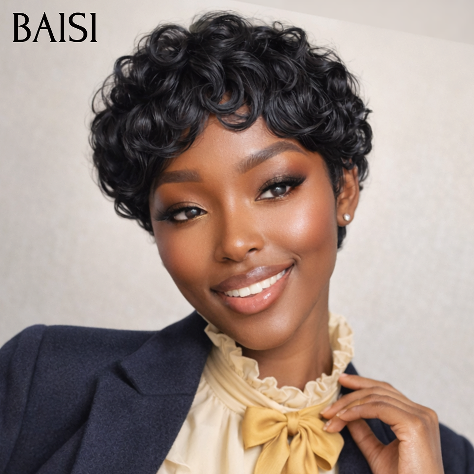 BAISI pixie perruque chioma ou afro curly 45€ noir san colle san lace en 100% Cheveux Humains fabriqué à la machine FR38