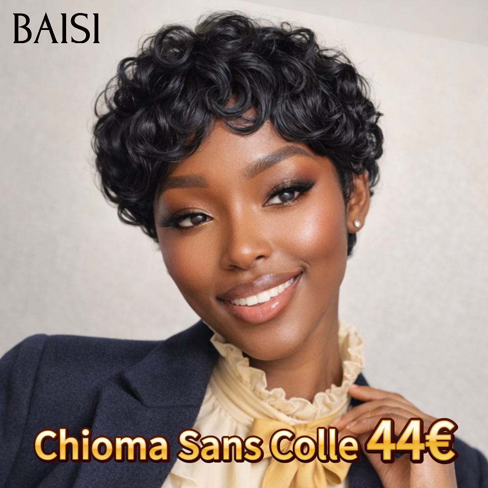 BAISI pixie perruque chioma ou afro curly 45€ noir san colle san lace en 100% Cheveux Humains fabriqué à la machine FR38