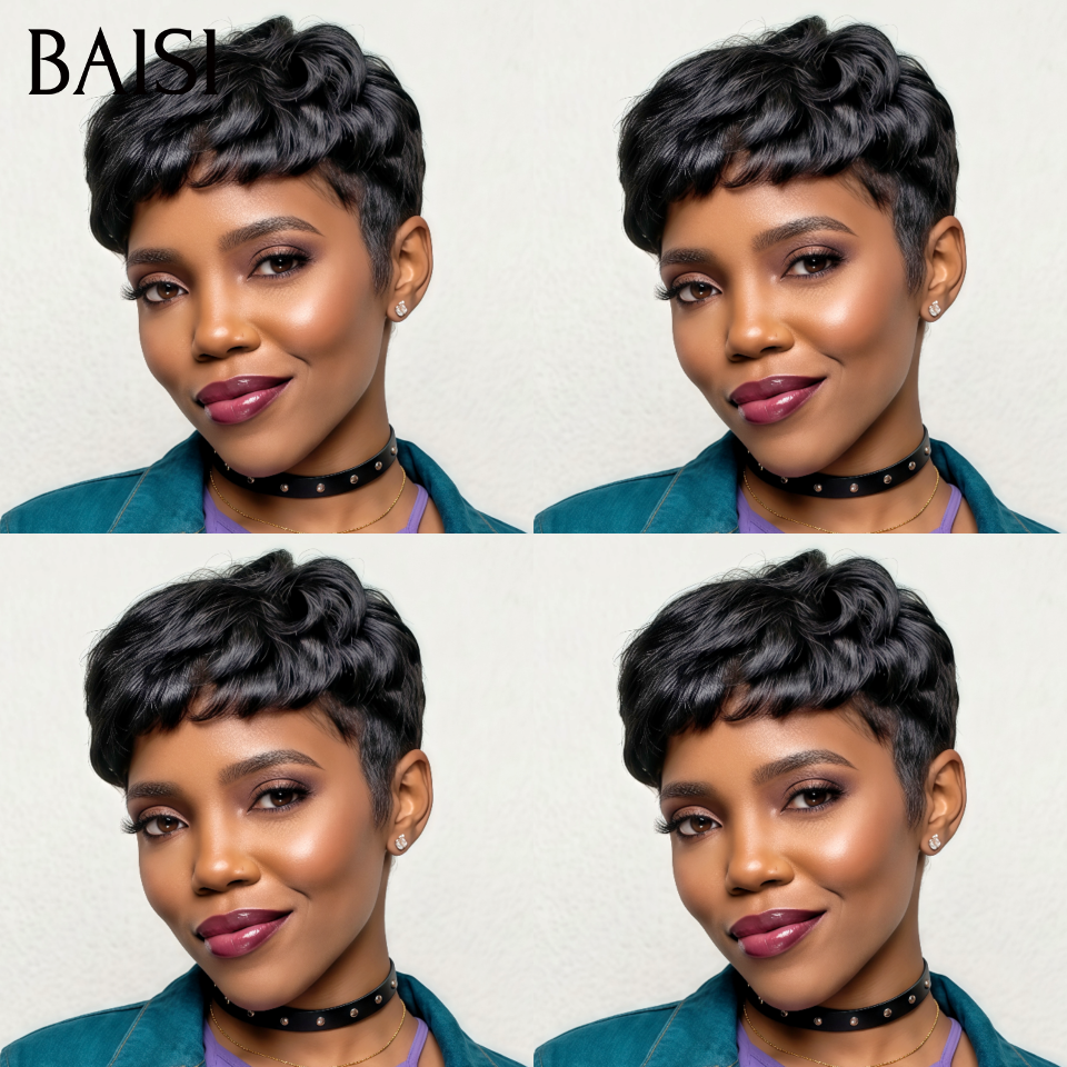BAISI Perruque pixie Fabriqué à la Machine Perruques personnalisées 49€ sans lace en 100% Cheveux humains BS65