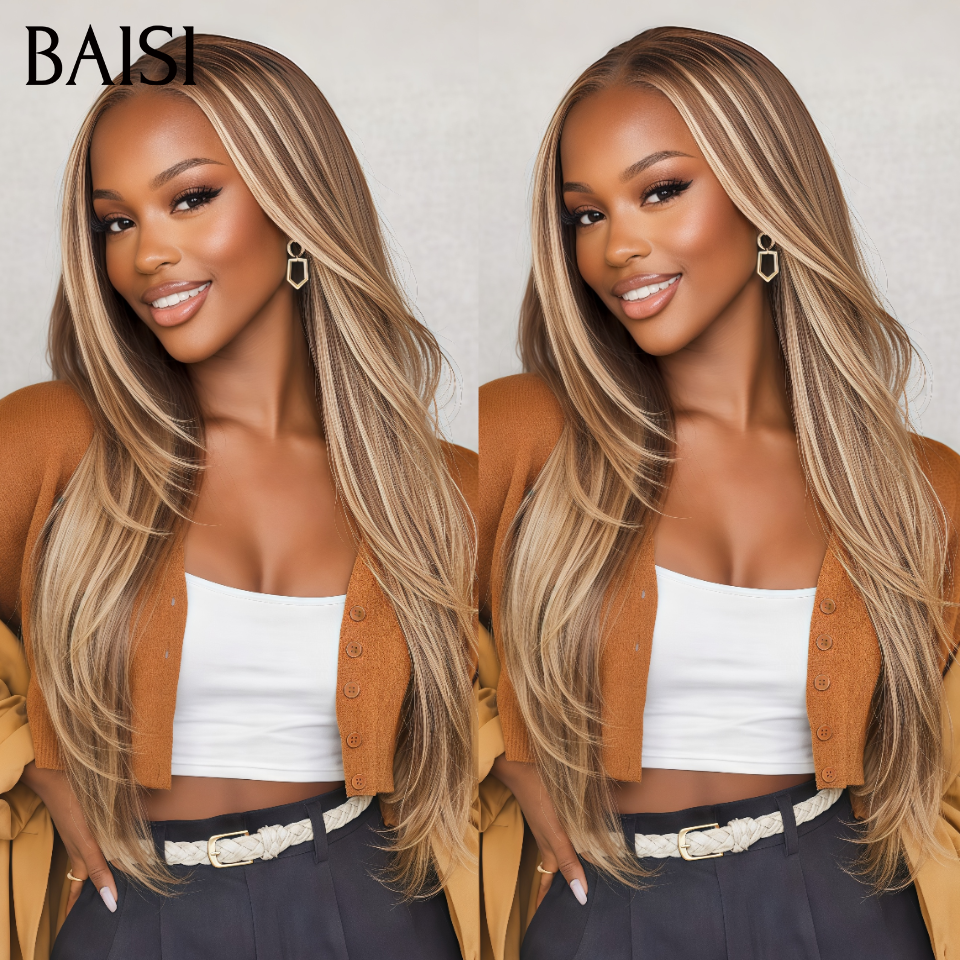 BAISI 13X4 perruque Lisse en Couleur marron Mixte Miel moitié prix en 24H 24 pouce 159€ Sans Colle Lace déjà couper Facile à Porter en 100% cheveux humains