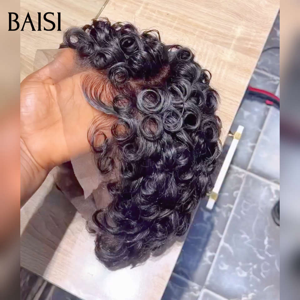 BAISI Perruque Chioma finger wave 13X4 lace Frontale Pixie Moitié Prix 50€ couleur naturelle En 100% Cheveux Humains MP50
