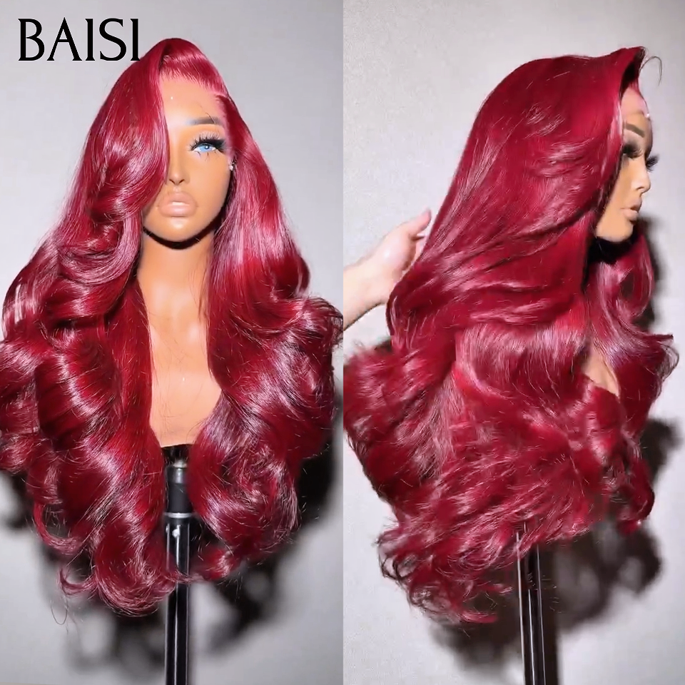 BAISI Promotion 32 pouces 60€ Perruque Moitié Prix body wave en Blended human hair en couleur Bordeaux 99J#