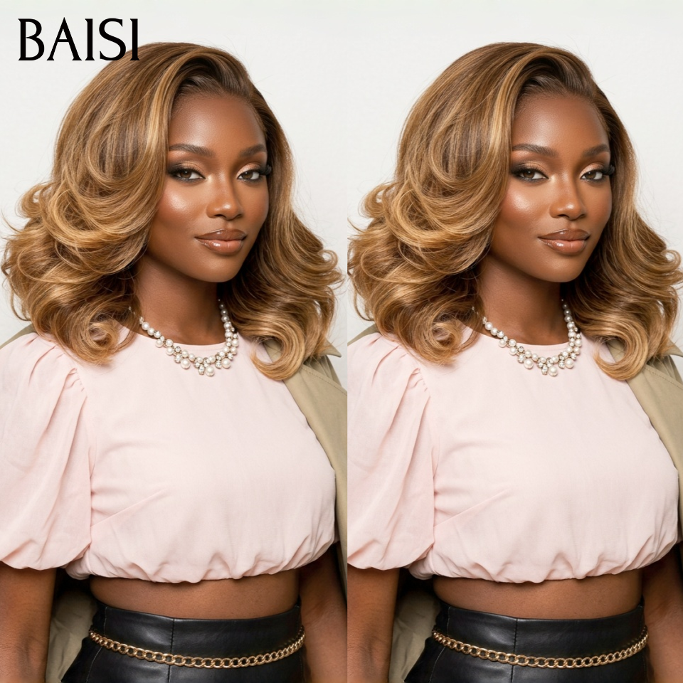 BAISI PROMOTION Perruque 13X4 lace frontal egg wave bob Marron Mixte Miel 4T27# Moitié Prix 100% Cheveux Humains MP50