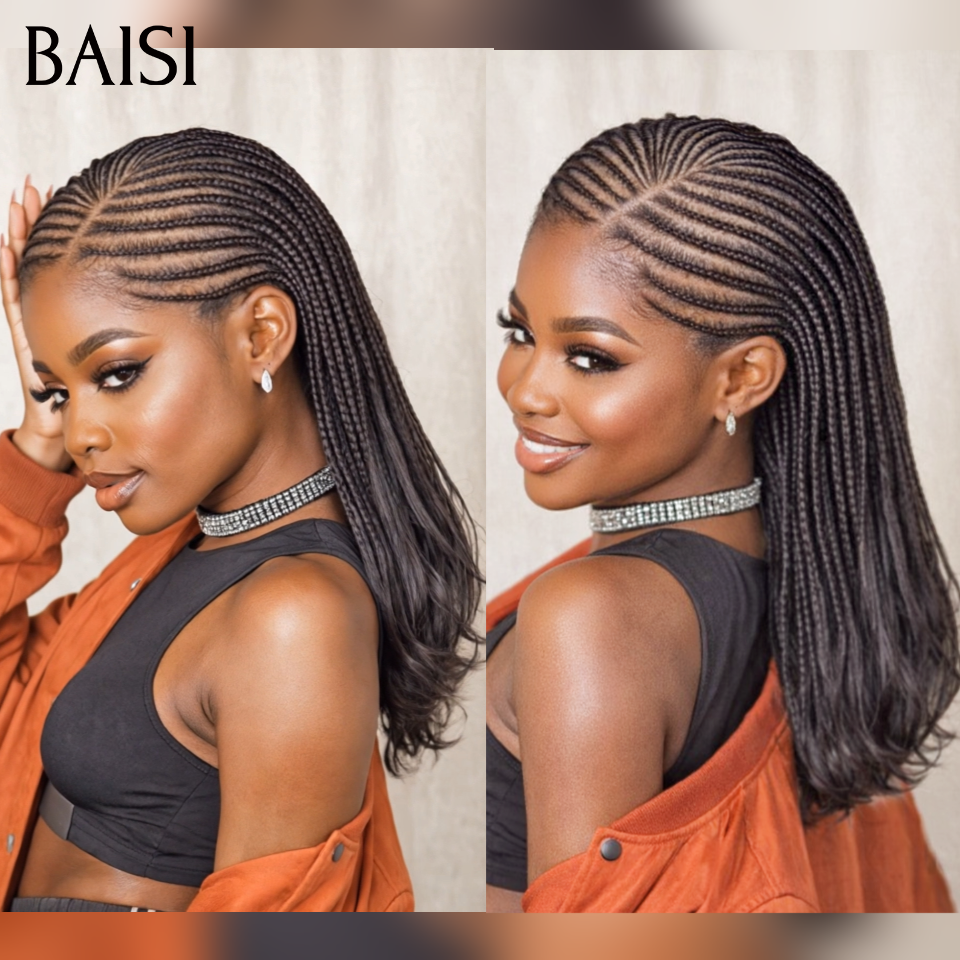 BAISI Perruque avec coiffure tressée natte Promo Moitié Prix 99€ Bob NOIR 14 Pouces facile à porter En 100% cheveux humains
