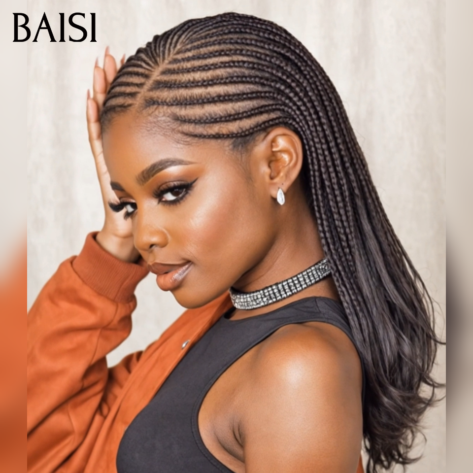 BAISI Perruque avec coiffure tressée natte Promo Moitié Prix 99€ Bob NOIR 14 Pouces facile à porter En 100% cheveux humains