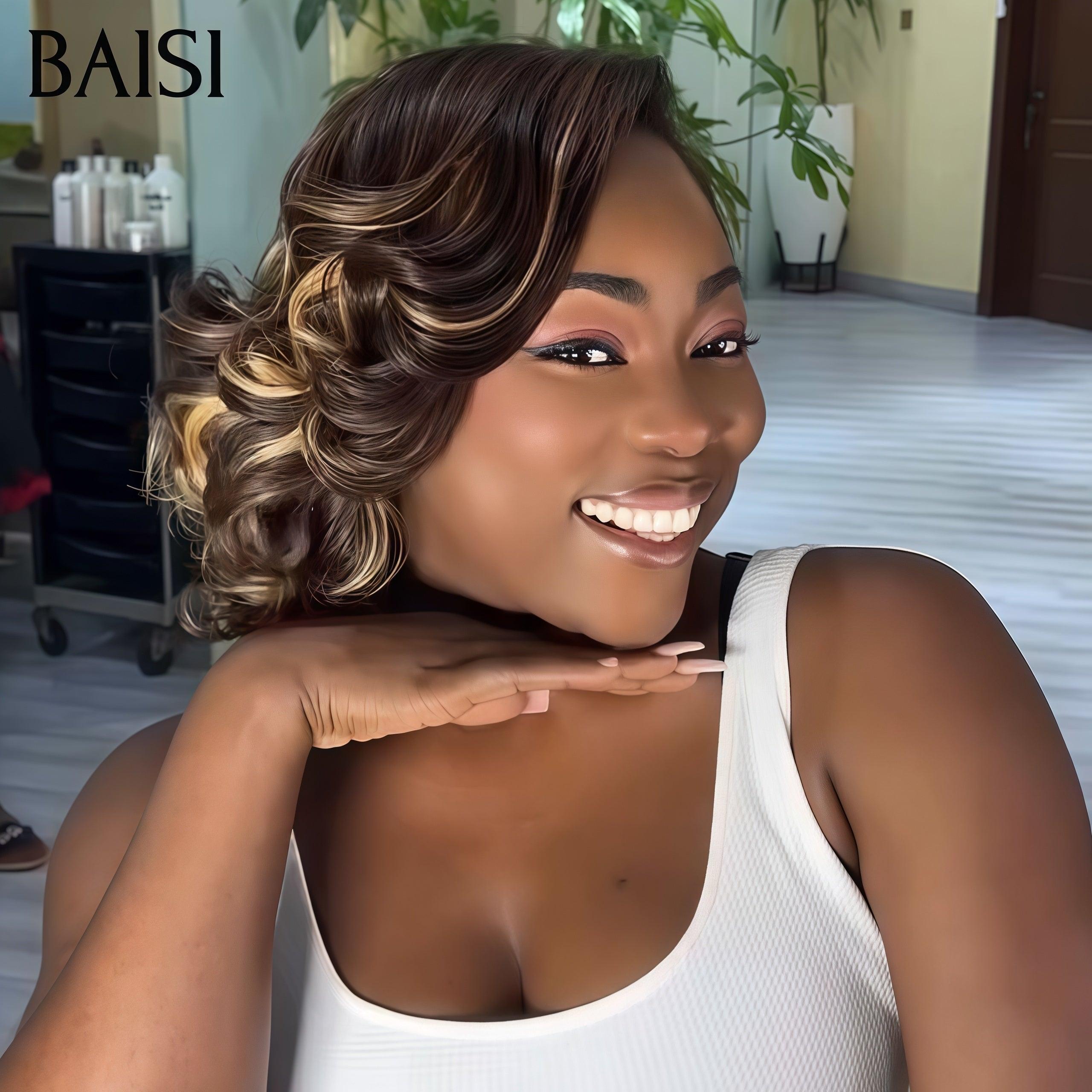 BAISI Perruque 5X5 Bob Egg Curls 10 Pouces Raie sur le côté Mixte 95€ en 100% Cheveux Humains Pré-plucked Pas Besoin de Colle en 100% Raw Hair Lace déjà couper FR38