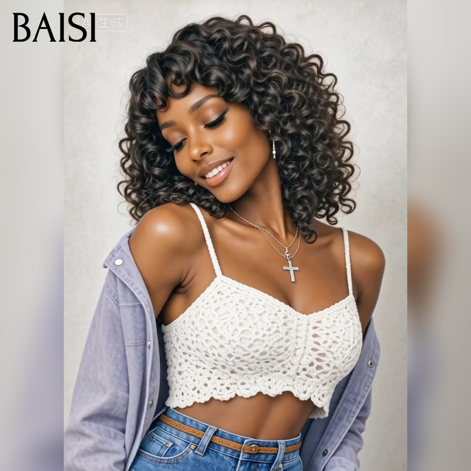 BAISI Perruque BOB curly wave frange en noir 12 pouce 75€ sans colle Raw Hair en 100% vrais cheveux humains