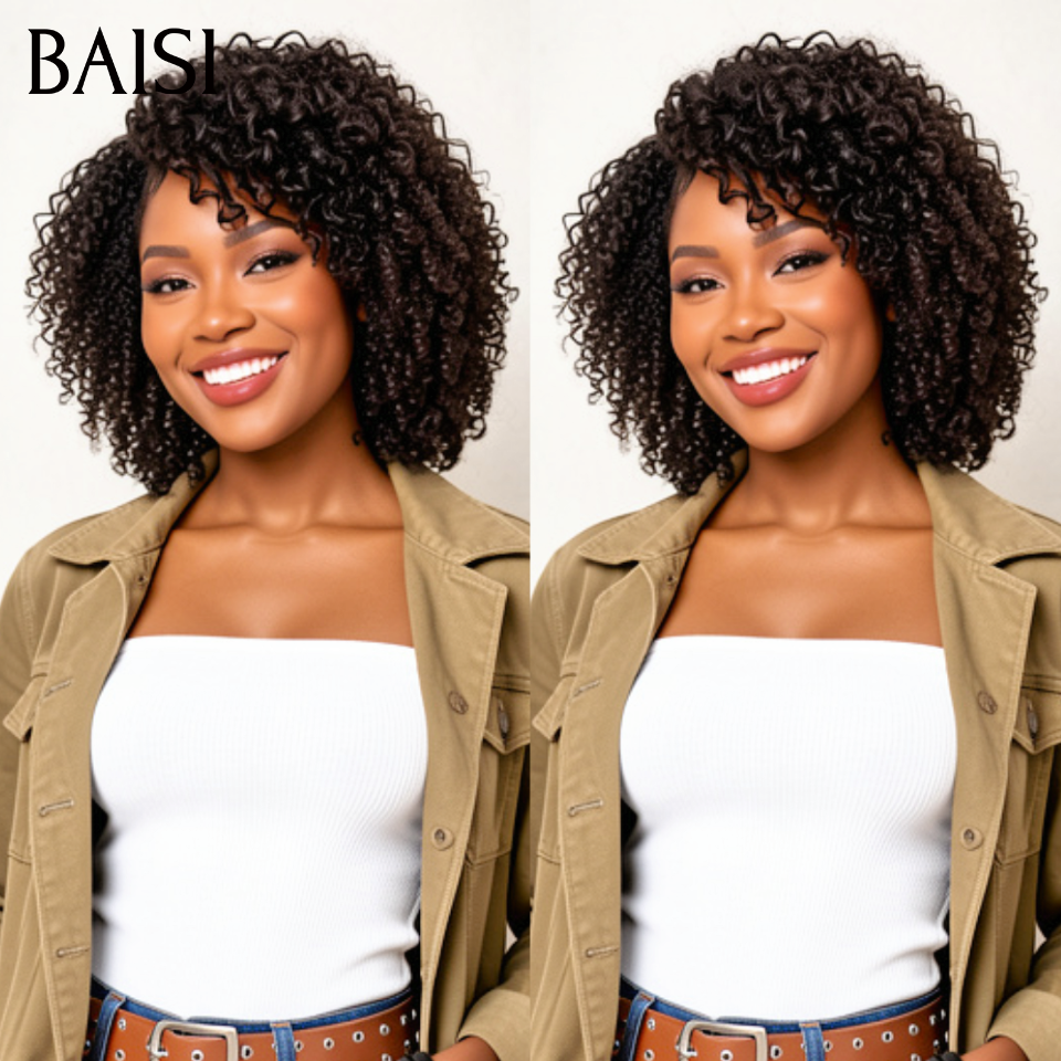 BAISI 13x4 Peruca Bob Cacheado em Preto 12 polegadas 89€ em 100% Cabelo Humano