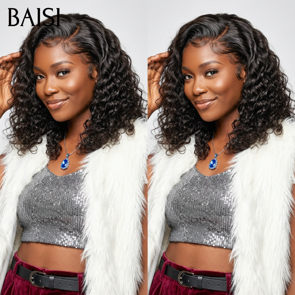 BAISI 13x4 Deep Wave Bob Wig 8 Inch 85€ in Black Glue-less Lace Pre-cut Easy to Wear 100% Human Hair D