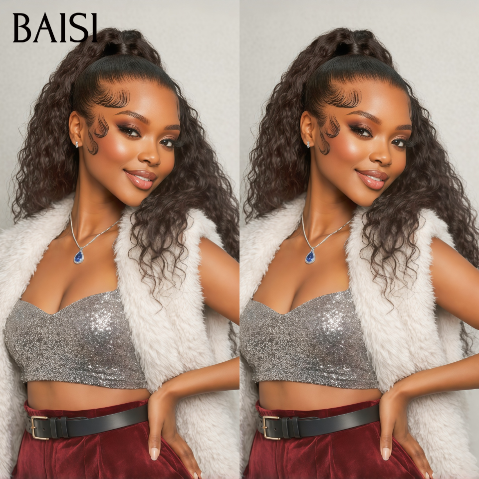 BAISI 13x4 Frontal Perruque Curly Coiffure déjà faites avec queue de cheval Pré-plucked Pas Besoin de Colle en 100% Raw Hair Lace déjà couper B