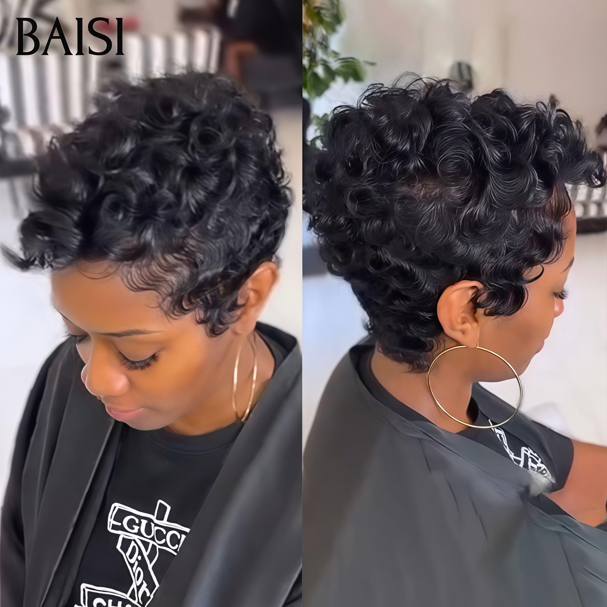BAISI Wellige Perücke, Pixie-Schnitt, volle Spitze, Fingerwelle, kleiner Schnitt in schwarzer Farbe aus 100 % Echthaar BS50