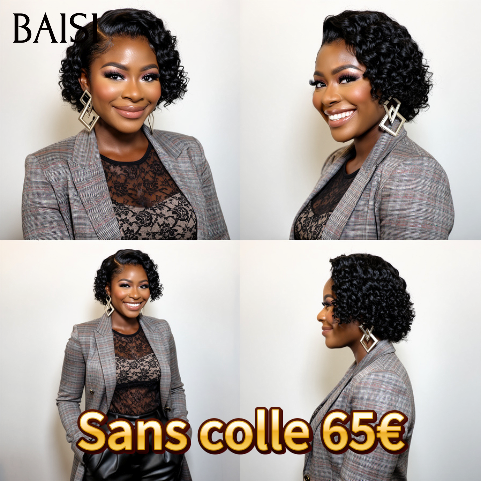 BAISI Offre Flash Perruques 65€ Pixie curly sans lace sans colle bouclé partout Noir en 100% cheveux humains FR38