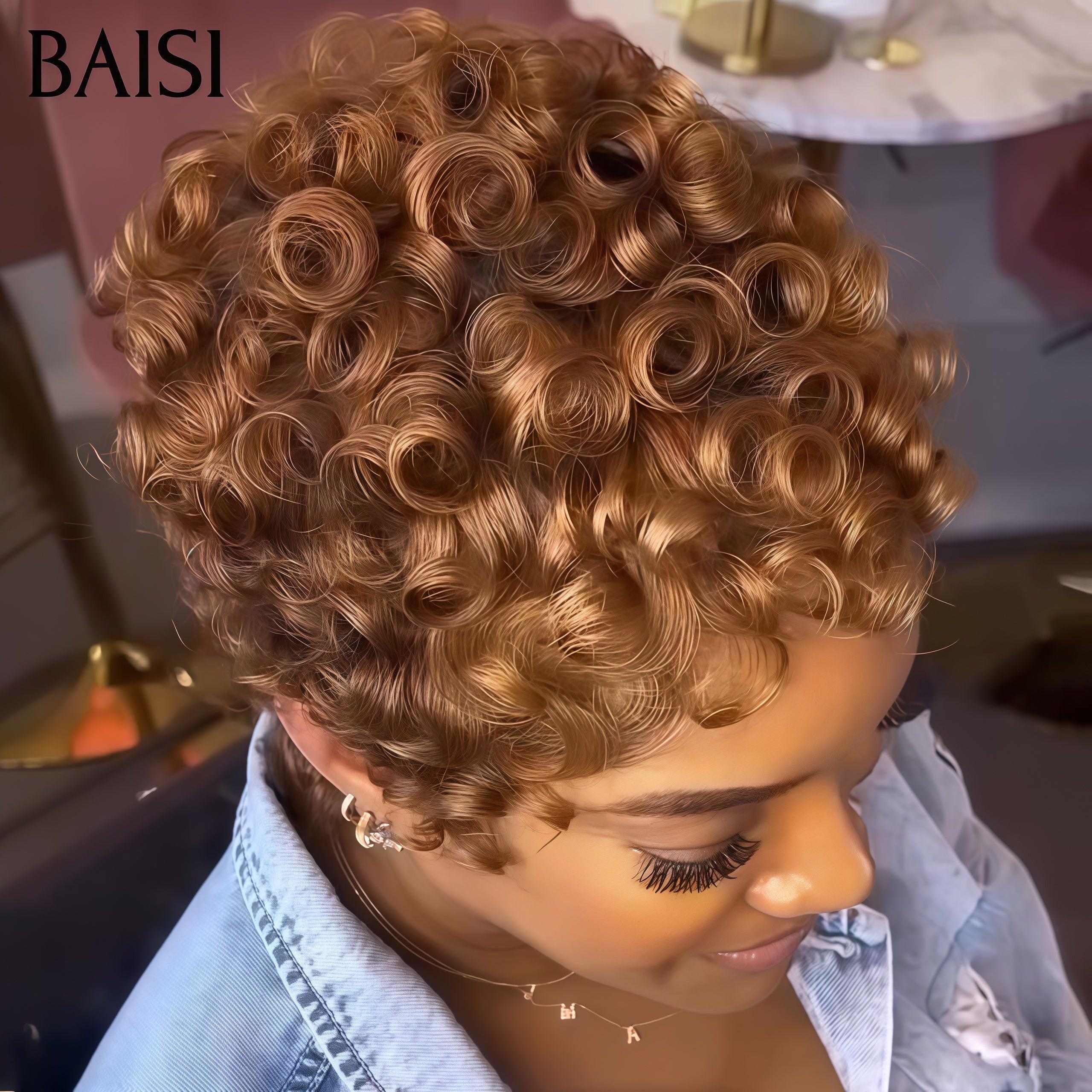 BAISI Wellige Perücke, Pixie-Schnitt, volle Spitze, Fingerwelle, kleiner Schnitt in schwarzer Farbe aus 100 % Echthaar BS50
