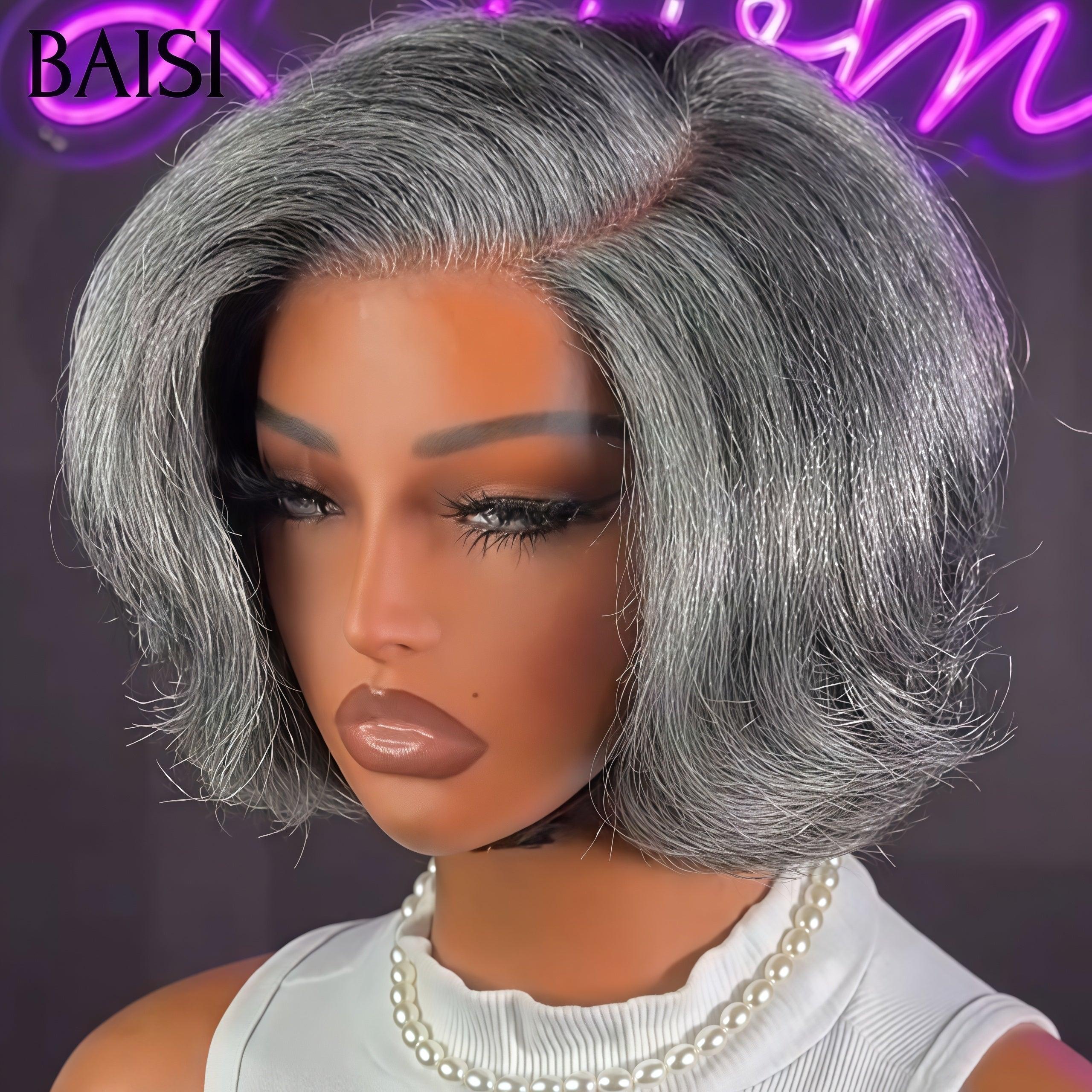 BAISI Collection Poivre et Sel Perruque 8P 96€ Bob Lisse noir mixte gris Pré-plucked Pas Besoin de Colle en 100% Raw Hair Lace déjà couper