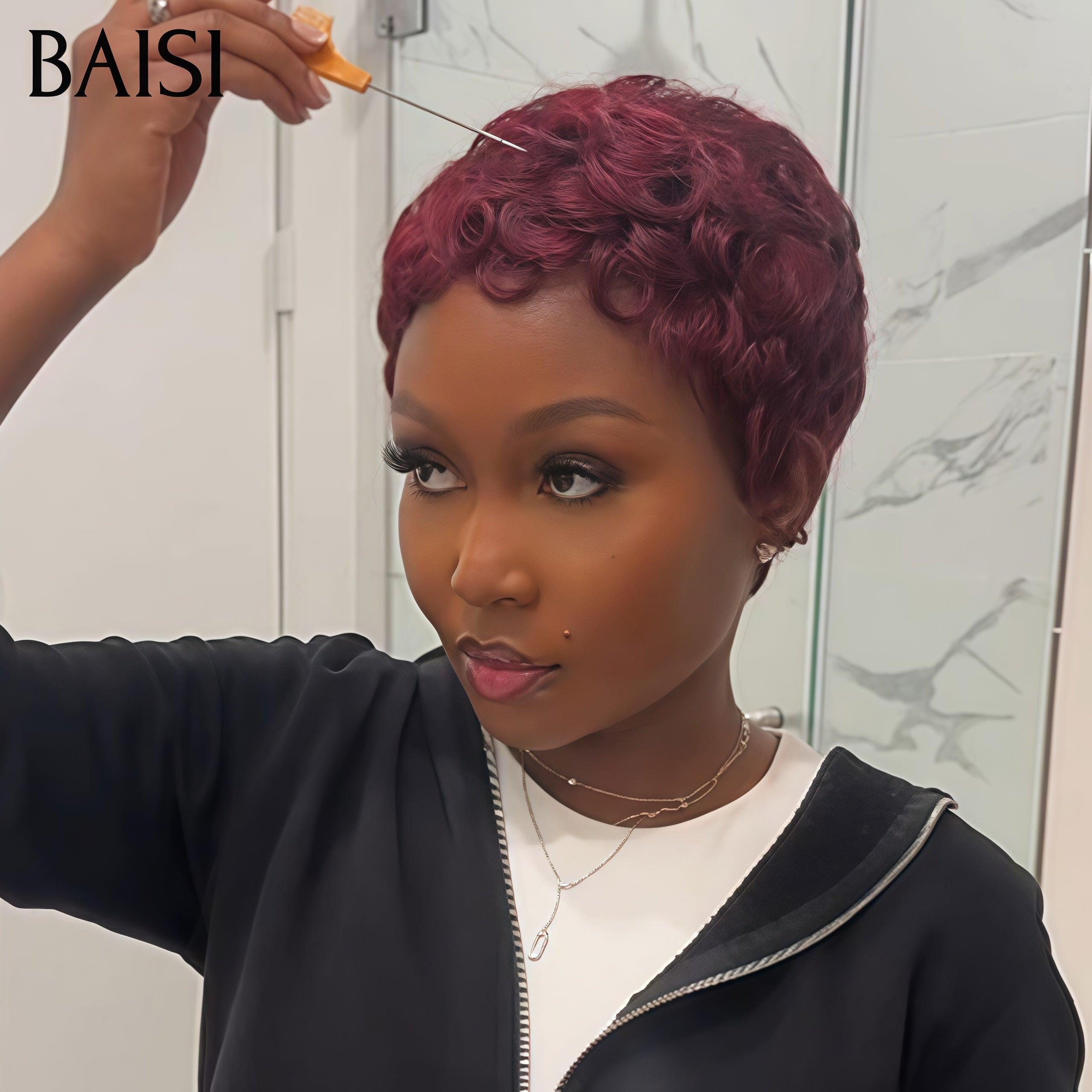 BAISI Wellige Perücke, Pixie-Schnitt, volle Spitze, Fingerwelle, kleiner Schnitt in schwarzer Farbe aus 100 % Echthaar BS50