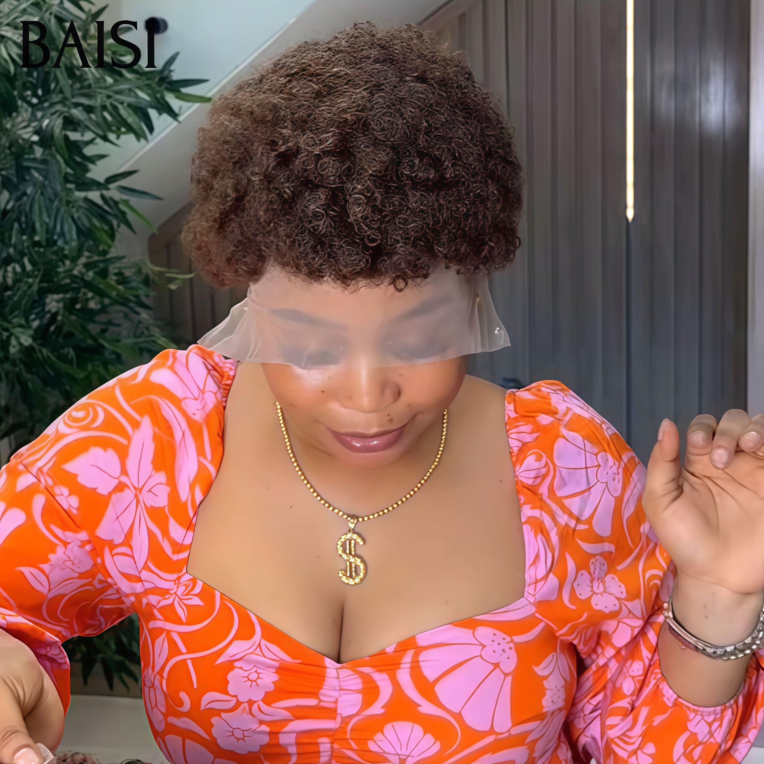 BAISI Pixie Afro Curl Perücke 13x4 Spitze vorne lockig ganz in Schwarz aus 100 % Echthaar F-905