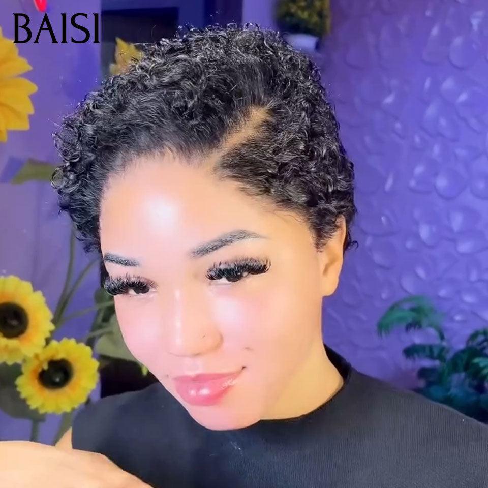 BAISI Wellige Perücke, Pixie-Schnitt, volle Spitze, Fingerwelle, kleiner Schnitt in schwarzer Farbe aus 100 % Echthaar BS50