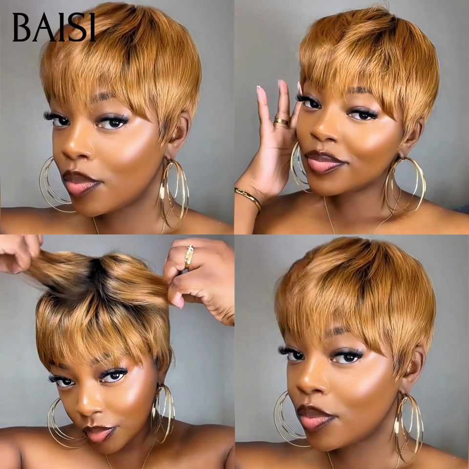 BAISI Grande Promo 2 perruques 75€ petite coupe fabriqué à la machine en couleur Miel et NOIR En 100% Cheveux Humains