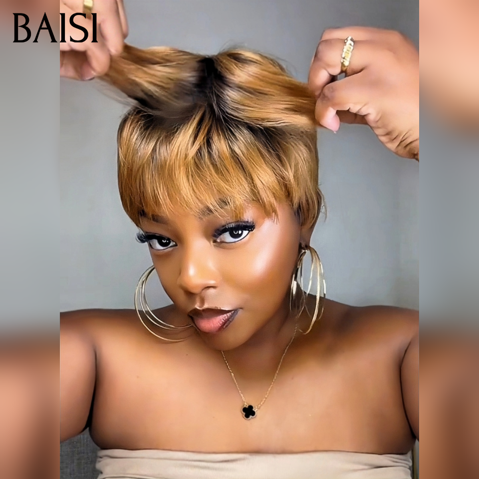 BAISI 2 perruques courtes 60€ OFFRE FLASH pixie afro et Lisse Sans Colle NOIR Fabriqué à la Machine Promotion en 100% Cheveux Humains