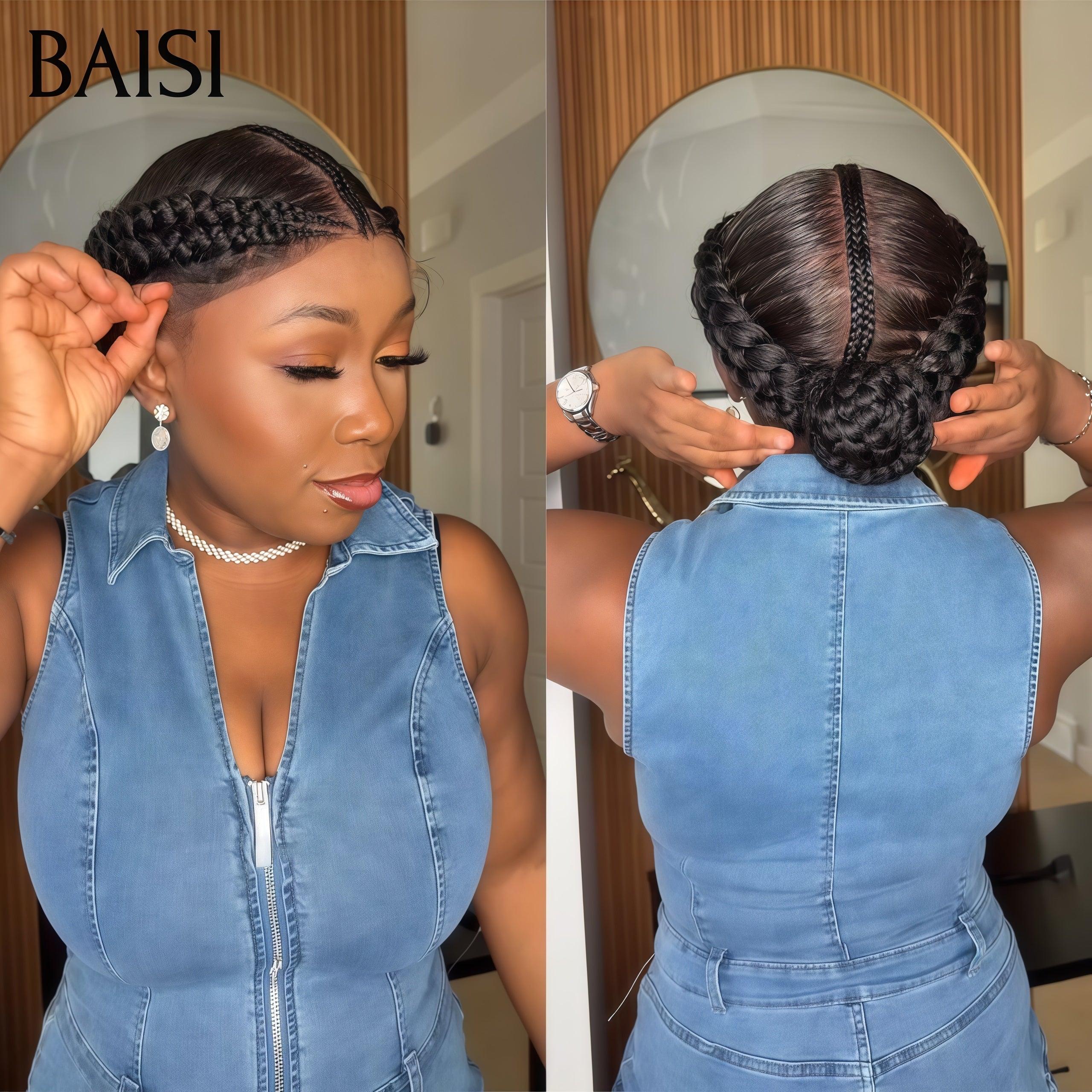 BAISI Perruque Full Lace 100% Cheveux Naturels Full lace perruque Petite natte en Couleur NOIR ou Marron Coiffure Chignion 100% cheveux humains FR38
