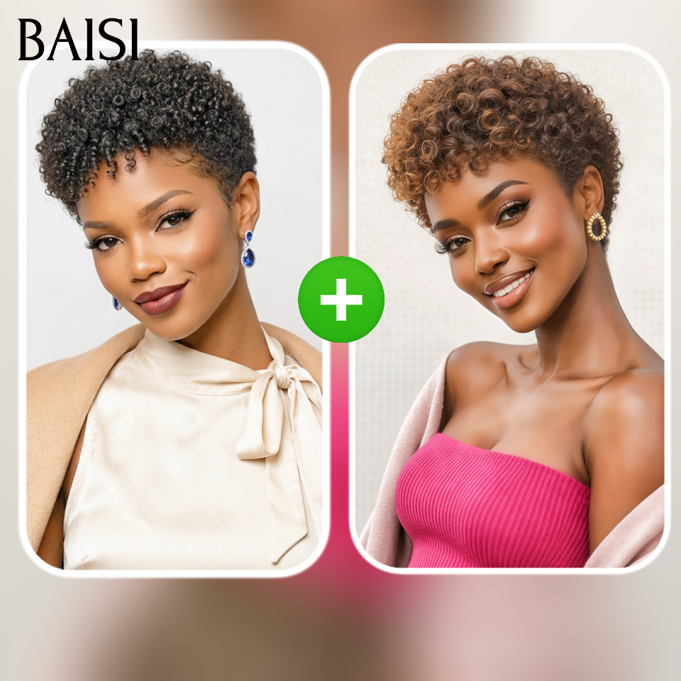 BAISI 2 perruques 69€ pixie Sans Colle Moitié prix produit Coupe 2 couleurs NOIR ou Marron en 100% Cheveux Humains