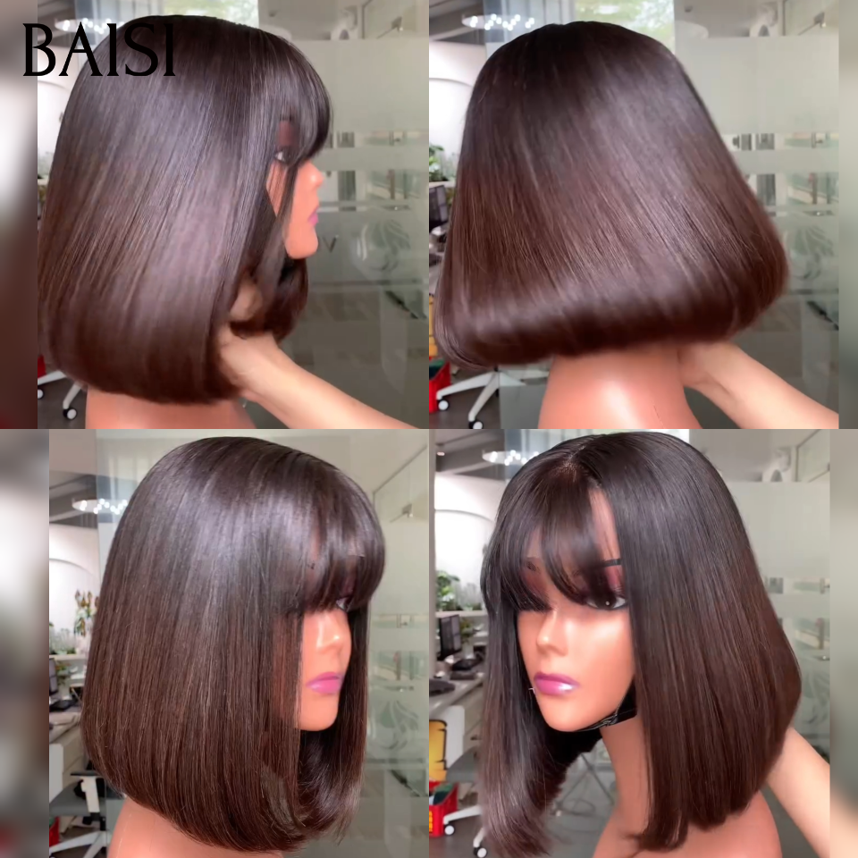 BAISI 15A SDD BONE STRAIGHT 100% Vietnam Hair bob Perruques de Luxe Lisse bob sans lace avec frange A1 Fabriquées par les cheveux double drawn B