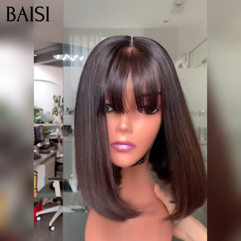 BAISI 15A SDD BONE STRAIGHT 100% Vietnam Hair bob Perruques de Luxe Lisse bob sans lace avec frange A1 Fabriquées par les cheveux double drawn B