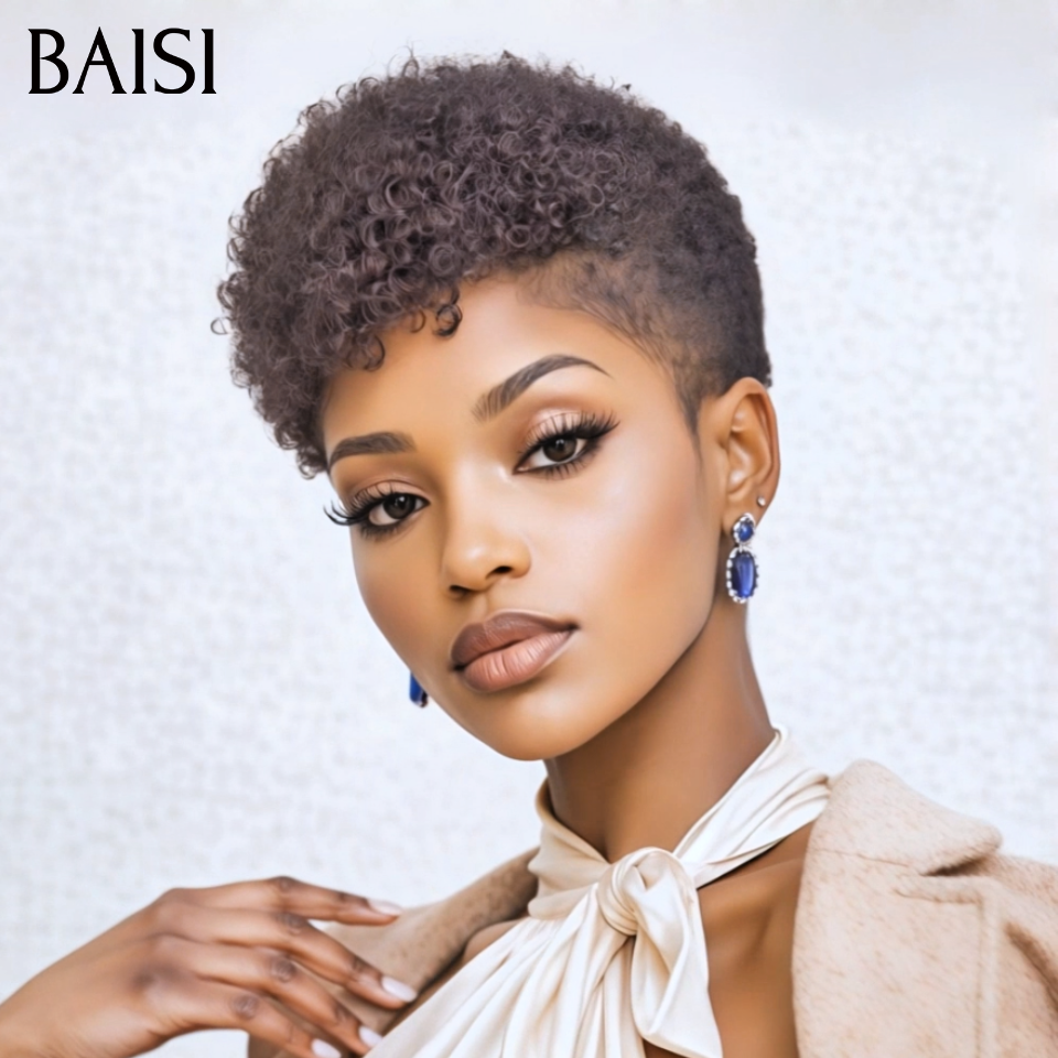 BAISI 2 perruques courtes 60€ OFFRE FLASH pixie afro et Lisse Sans Colle NOIR Fabriqué à la Machine Promotion en 100% Cheveux Humains