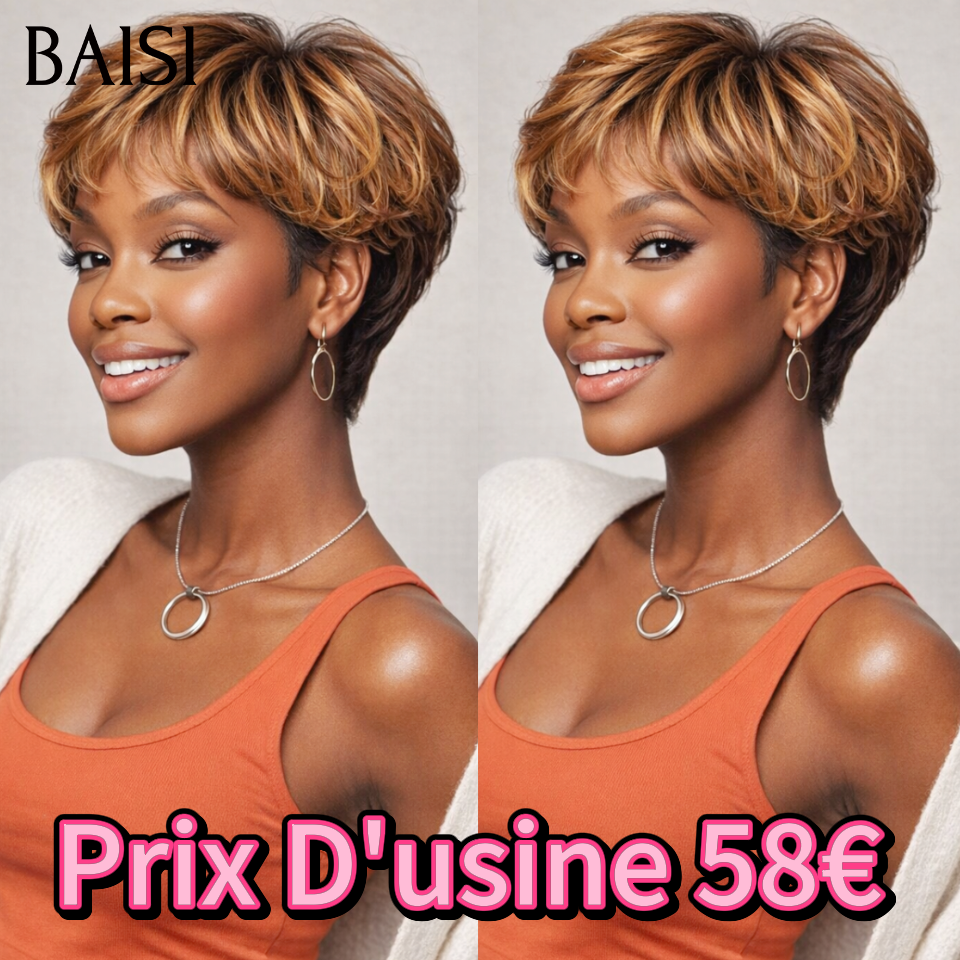 BAISI Achetez 2 perruques minimum au prix d'usine fournisseur pixie Sans Colle Prix D'usine 58€ Lisse ou 13X4 frontal perruque bob BOUCLES en couleur #4#27 en 100% vrais cheveux humains (Pas Besoin De Code)