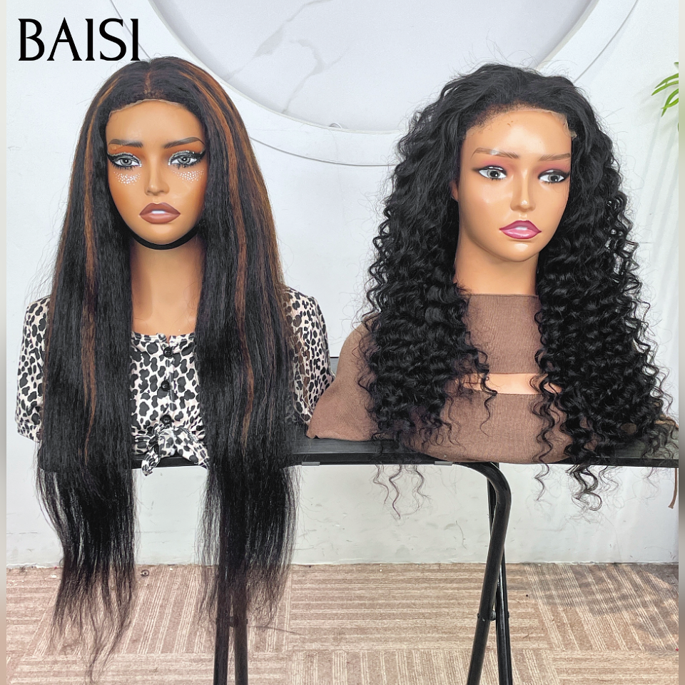 BAISI grande promotion Sans colle Facile à porter 4x6 Lace deep wave NOIR 22 Pouces ou kinky straight 22 Pouces NOIR Mixte Miel Pré-plucked Pas Besoin de Colle 4C hairline en 100% Cheveux Humains