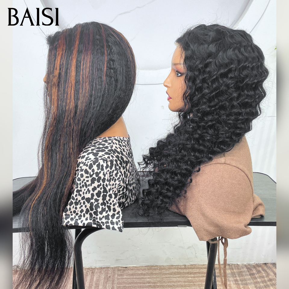 BAISI grande promotion Sans colle Facile à porter 4x6 Lace deep wave NOIR 22 Pouces ou kinky straight 22 Pouces NOIR Mixte Miel Pré-plucked Pas Besoin de Colle 4C hairline en 100% Cheveux Humains