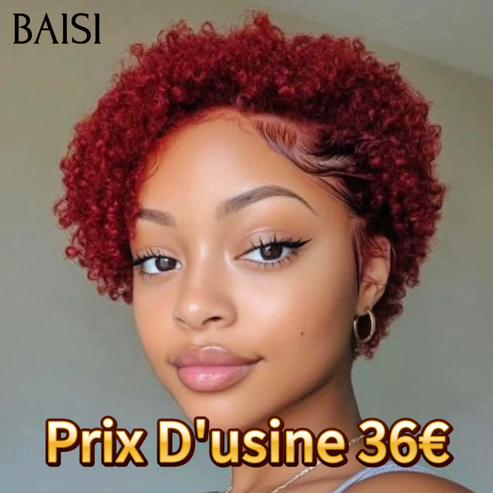 BAISI Achetez 2 perruques minimum au prix d'usine fournisseur Avec Frontale 66€ pixie afro bordeaux ou 13x4 Frontal Perruque Bob Curly En Orange Coupe Carrée En 100% Vrais Cheveux Humains (Pas Besoin De Code)