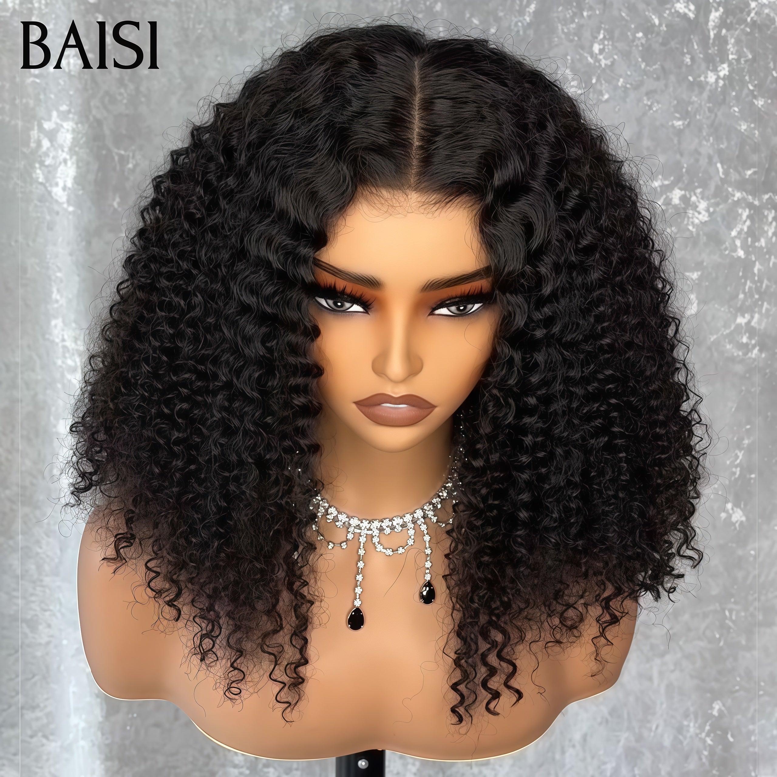 BAISI T PART LACE CURLY CURLY WIG IN 100% HUMAN HAIR IN COLOR BLACK C