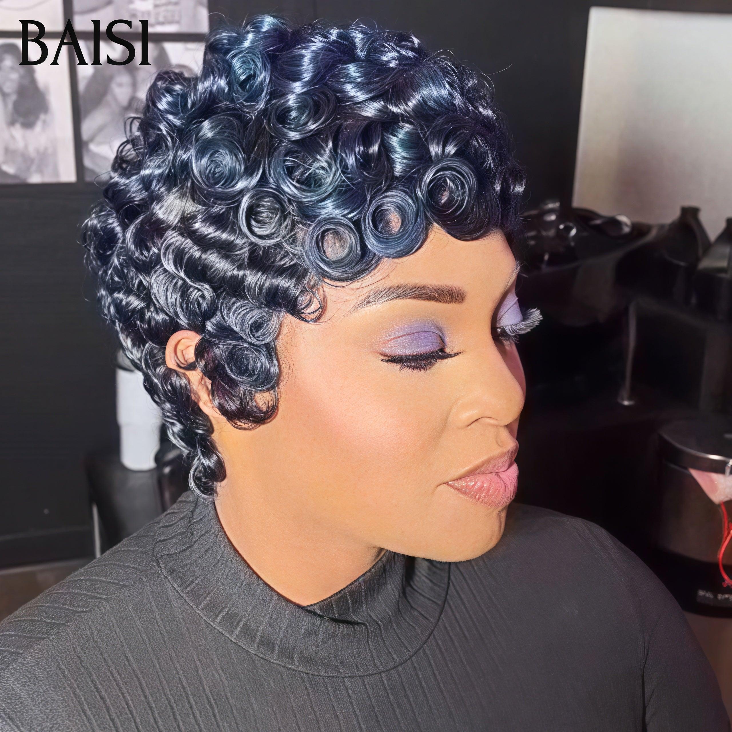BAISI Wellige Perücke, Pixie-Schnitt, volle Spitze, Fingerwelle, kleiner Schnitt in schwarzer Farbe aus 100 % Echthaar BS50