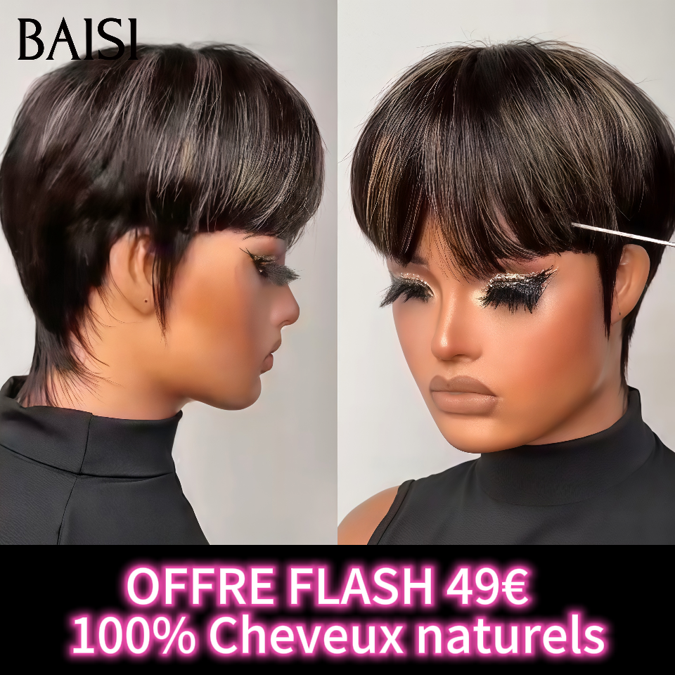 BAISI OFERTA FLASH Pixie 49€ Corte curto em 2 cores, preto misto, mel ou castanho #4 Peruca sem lace, sem cola, corte curto fabricada à máquina em 100% cabelo humano