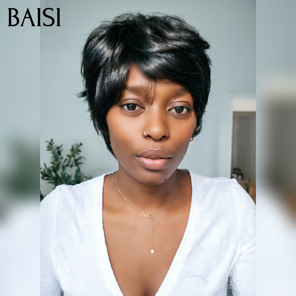 BAISI Perruque Pixie Sans Colle 39€ ou 13x4 Lace Frontale En Couleur noir 79.99€ en 100% Cheveux Humains