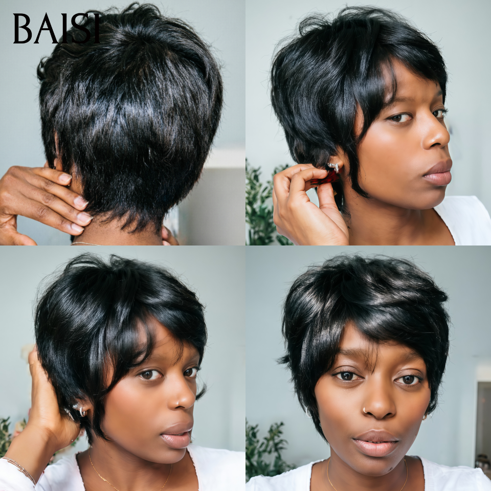 BAISI Perruque Pixie Sans Colle 39€ ou 13x4 Lace Frontale En Couleur noir 79.99€ en 100% Cheveux Humains