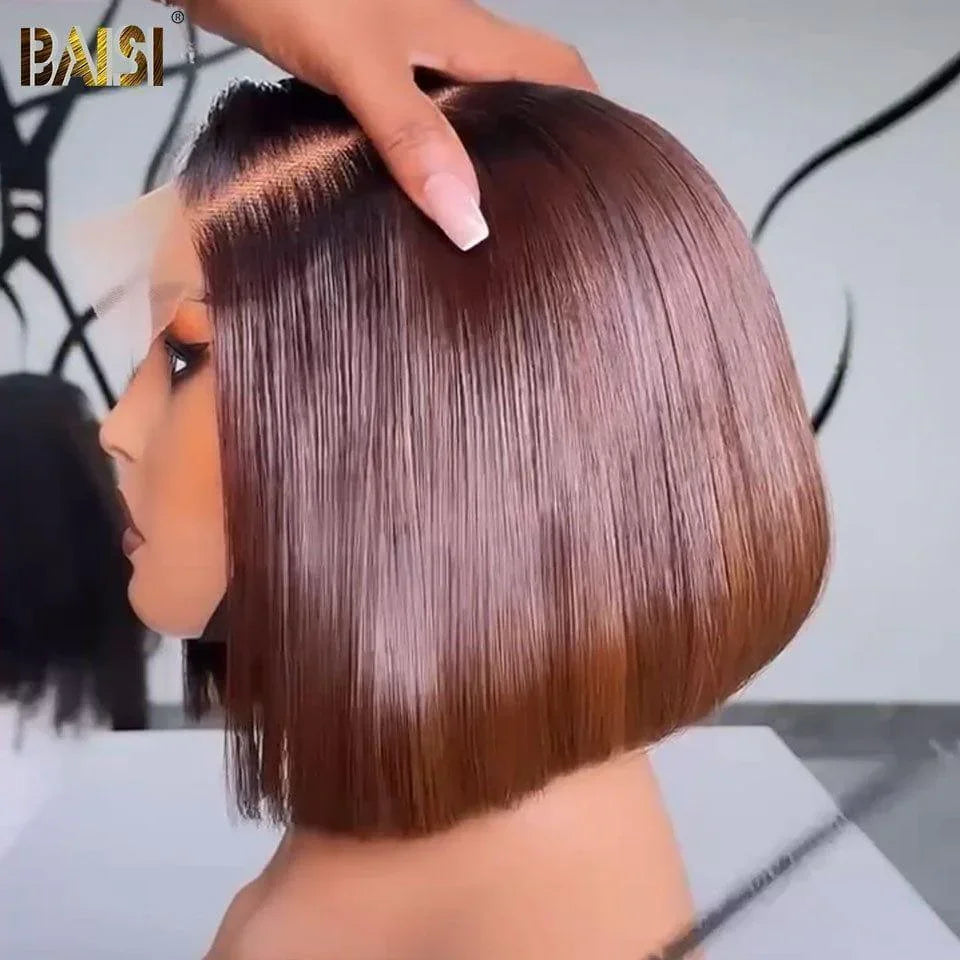 BAISI 4X4 Perruques de Luxe Haute Qualité Lisse 8 Pouce Marron A1 Fabriquées par les cheveux double drawn mèches vièges volume Vietnam Hair 300% densité plus de 20 ans d' utilisations