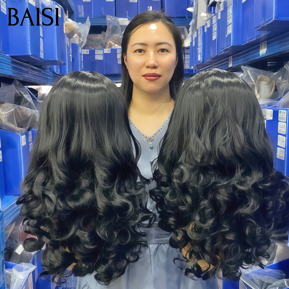 BAISI promotion perruque 65€ 20 Pouces Blended human hair Perruque bandeau Bouclé egg wave noir sans Colle en 100% Cheveux Humains
