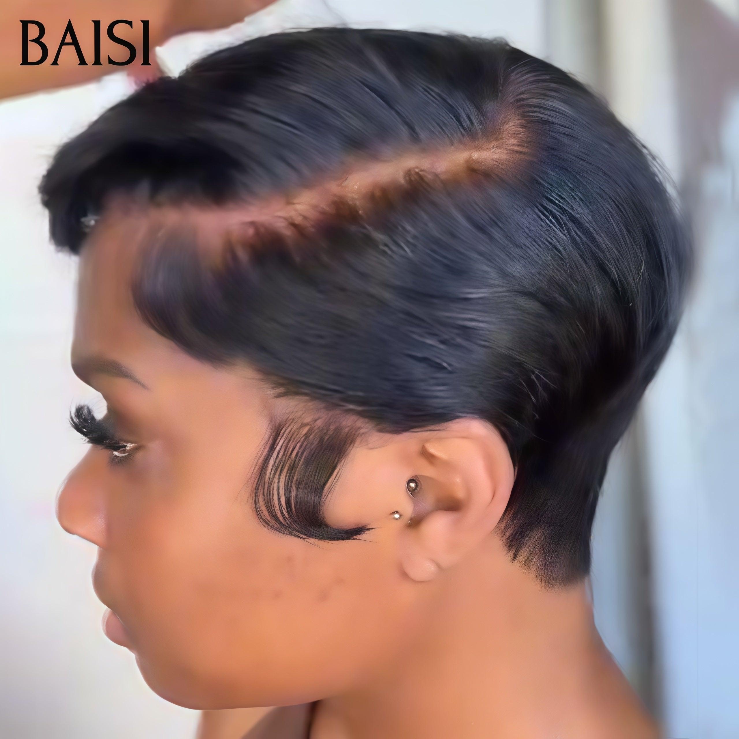 BAISI Wellige Perücke, Pixie-Schnitt, volle Spitze, Fingerwelle, kleiner Schnitt in schwarzer Farbe aus 100 % Echthaar BS50