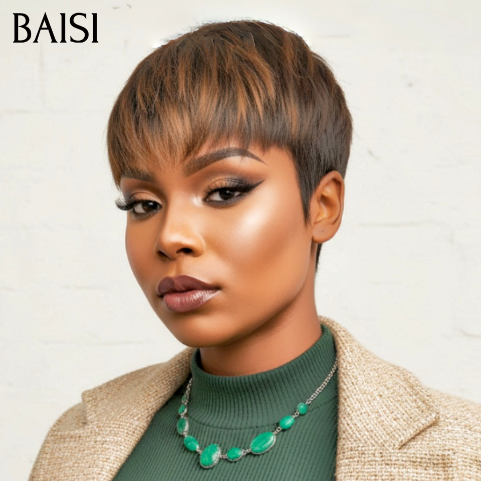 BAISI 2 Pixie Courte 78€ Sans Colle Marron et Bordeaux en 100% Cheveux Humains