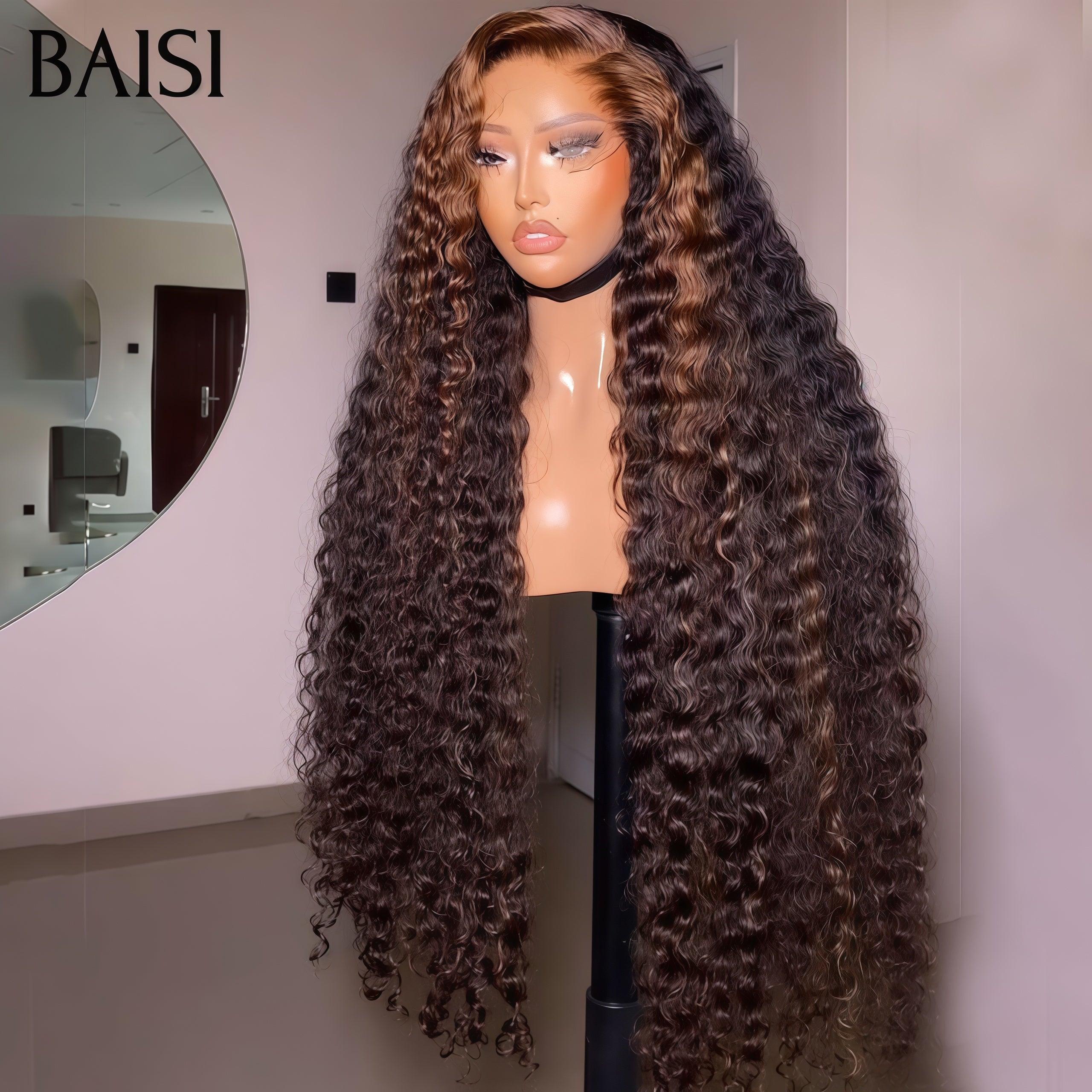 BAISI 13x4 Lace Frontale Lace Perruque Bouclé Deep wave En Couleur Marron Mixte brun #4#30 en 100% Cheveux Humains