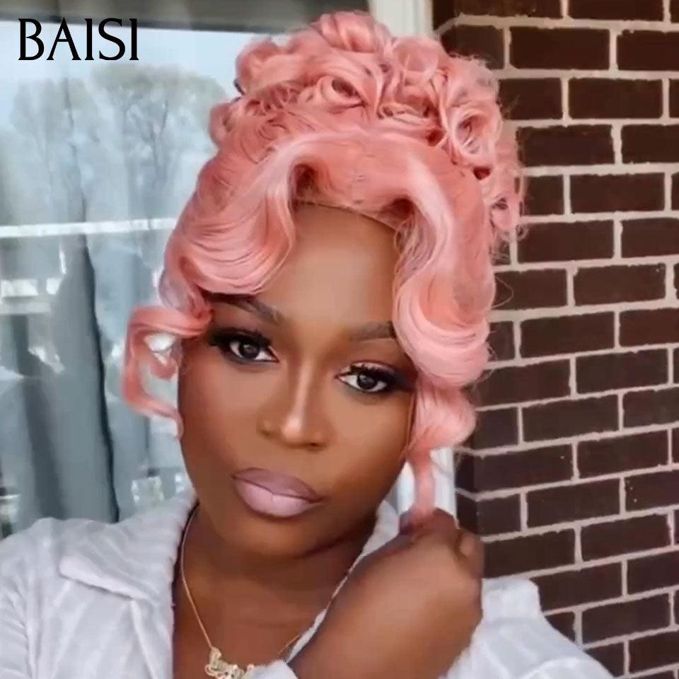 BAISI Coiffure de luxe Afra Perruques Mariage Prête à porter chignon et personalisation comme sur la vidéo 100% identique avec lace frontale pour mariage ou événement spécial en couleur rose BS120