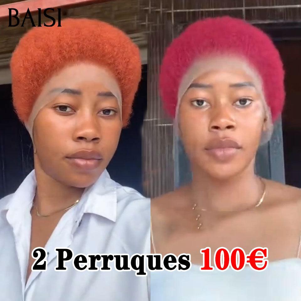 BAISI afro curly Fabriqué à la Machine NOIR Sans Lace 55€ ou 2 Perruques 100€ Pixie Afro Curl 13x4 lace frontal bouclé partout Couleur orange 350# & Bordeaux 99J# en 100% cheveux humains F-905