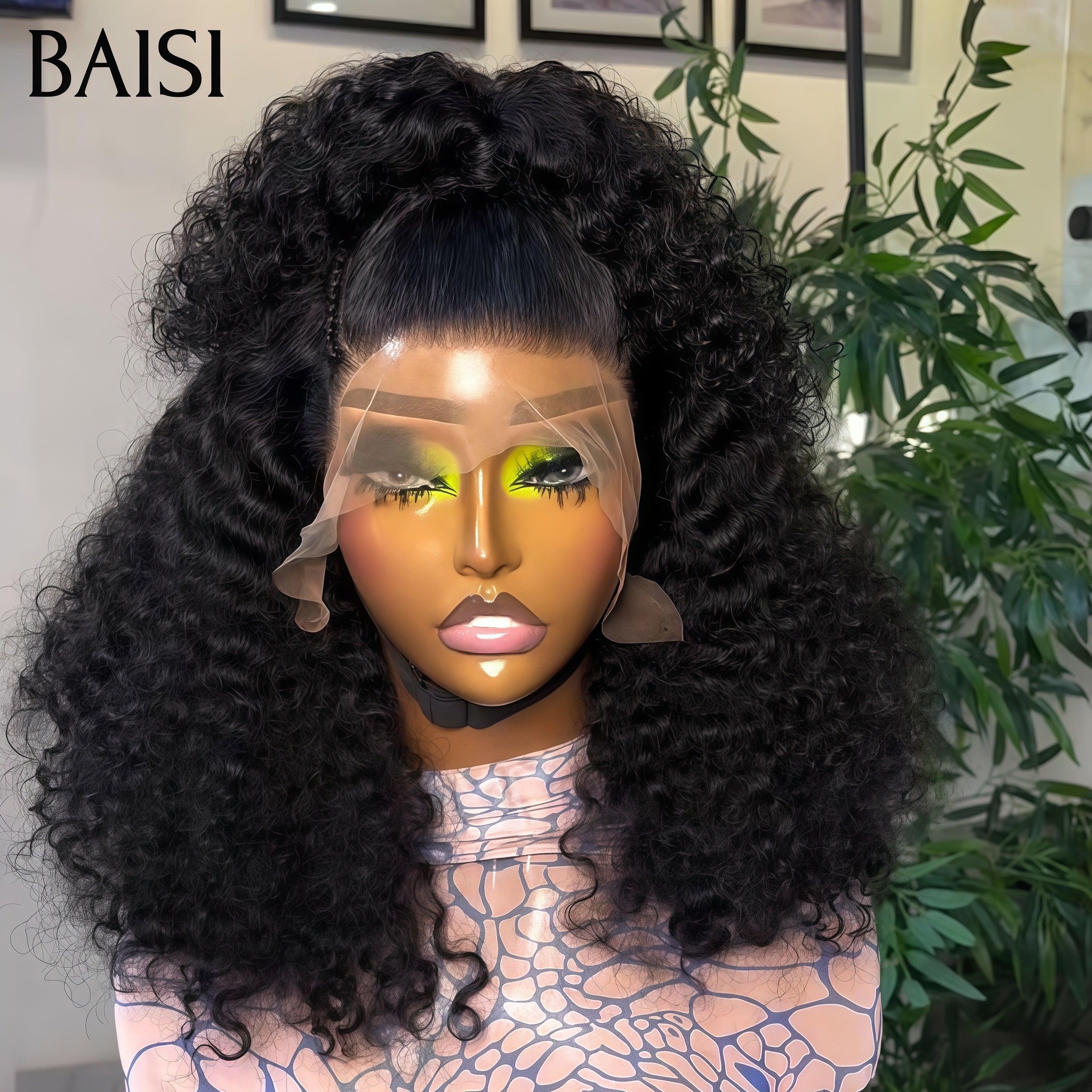 BAISI 13X4 lace perruque curly Petite natte frisé frontale lace en Couleur NOIR 100% cheveux humains FR38