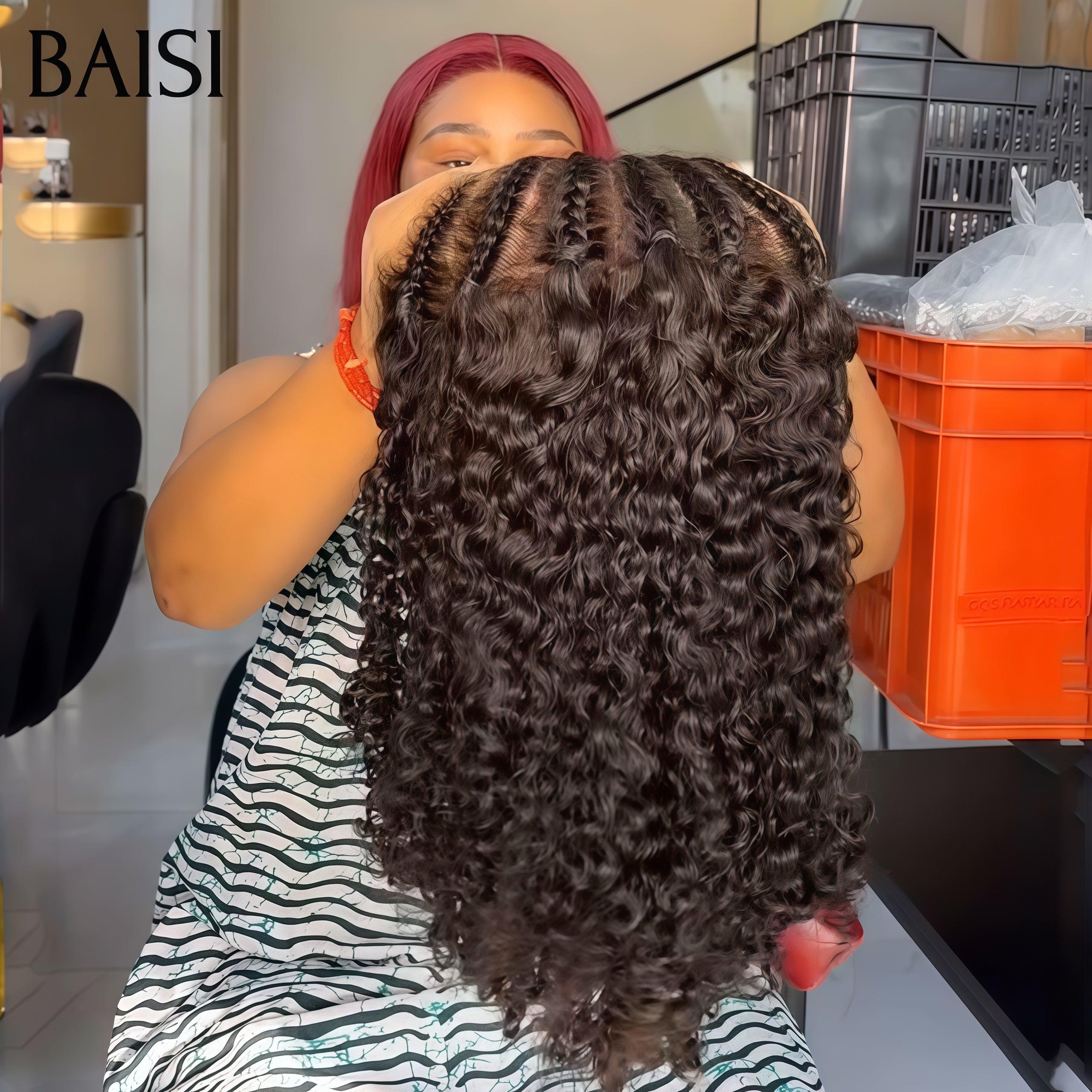 BAISI 13X4 lace perruque curly 18 pouces 168€ Petite natte frisé frontale lace en Couleur NOIR 100% cheveux humains bs65